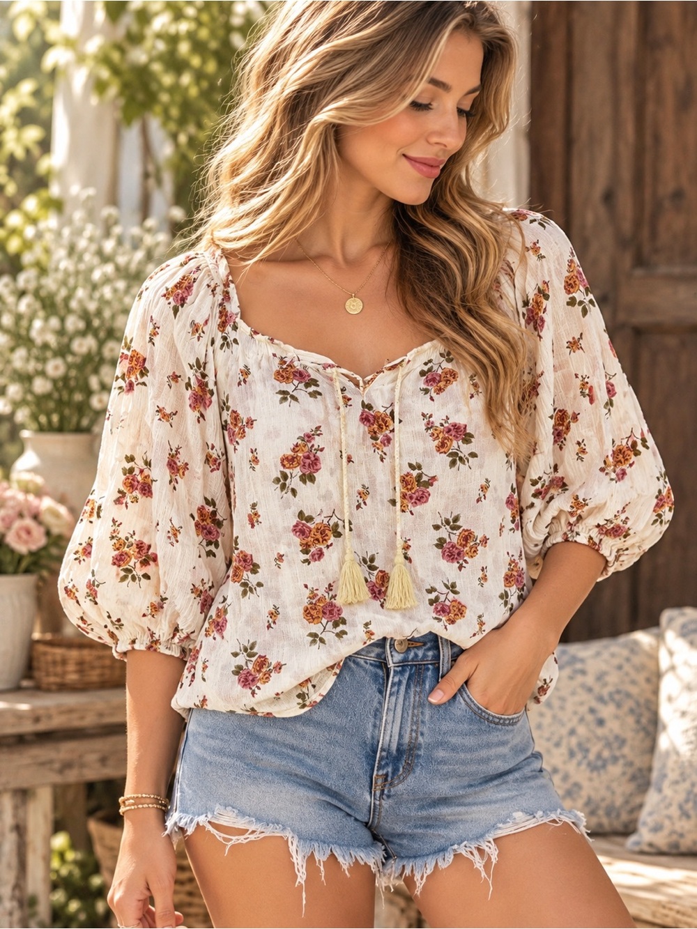 Ralph Lauren Cream Floral Peasant Blouse with Tassel Ties